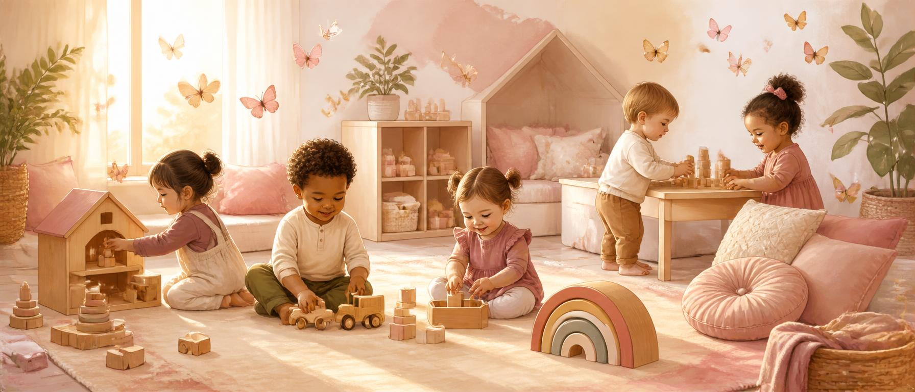 Children playing in a warm, nurturing daycare environment